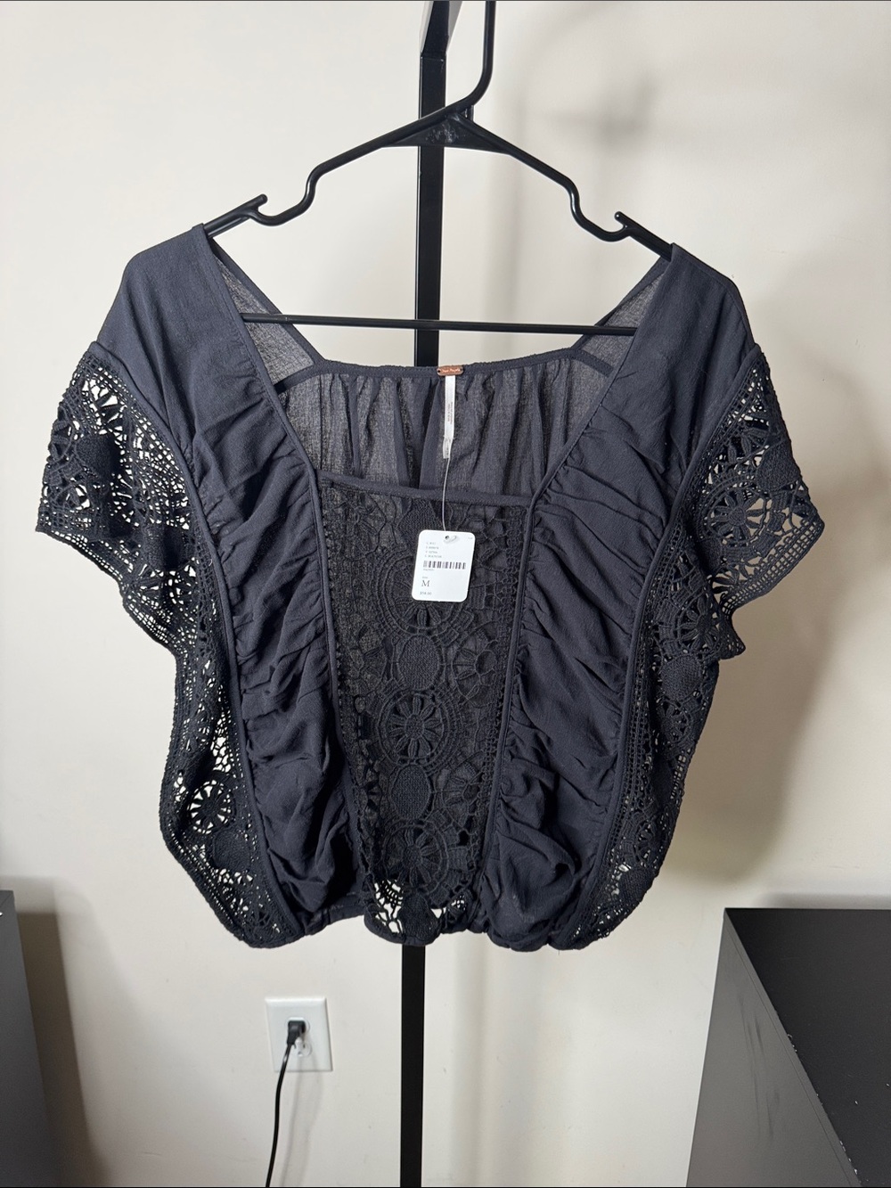 Free People Black Crochet Lace Flutter Sleeve Top